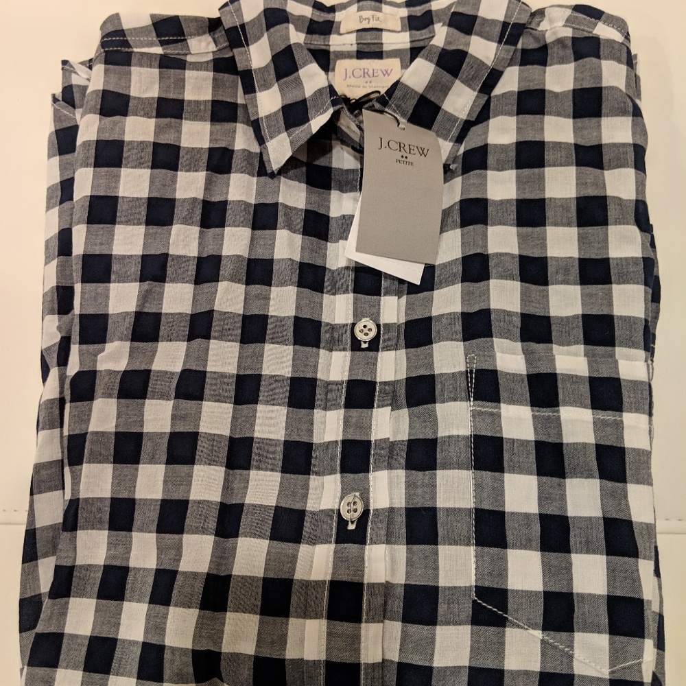 J Crew Factory petite navy gingham button up shirt